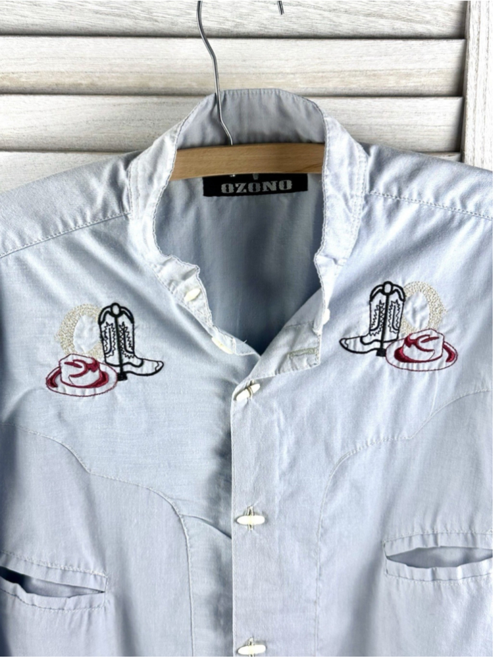 Vintage Ozono Western Cowboy Men’s Shirt Medium Light Blue Bone Loop Button Up